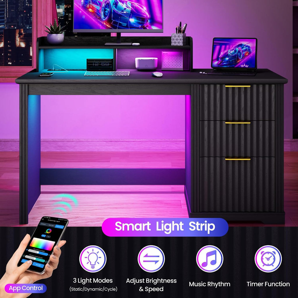 Lareth Computer Desk with Monitor Stand, 47 inch Home Office Desk with RGB LED Lights and Power Outlets, Writing Desk with Storage File Drawer for Working Gaming Writing, Black