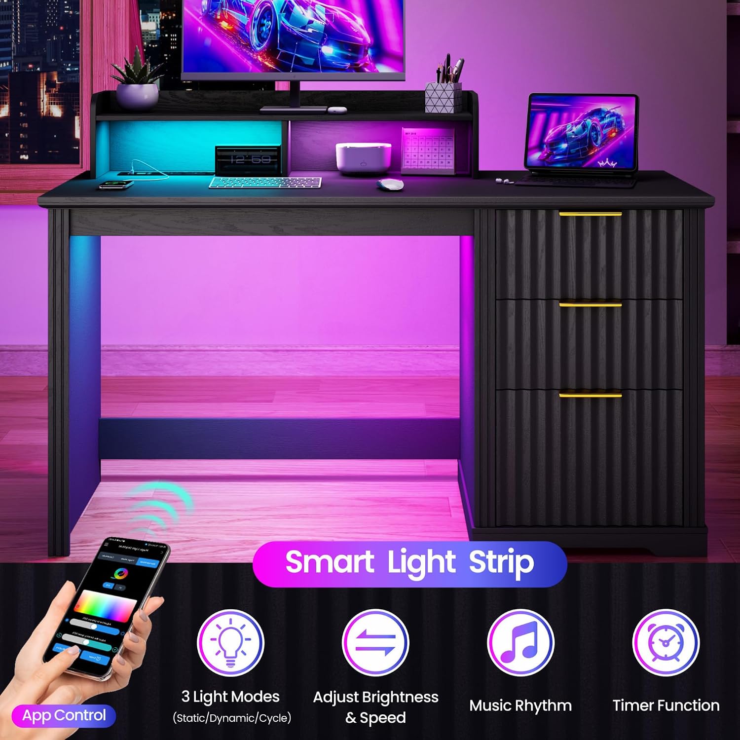 Lareth Computer Desk with Monitor Stand, 47 inch Home Office Desk with RGB LED Lights and Power Outlets, Writing Desk with Storage File Drawer for Working Gaming Writing, Black