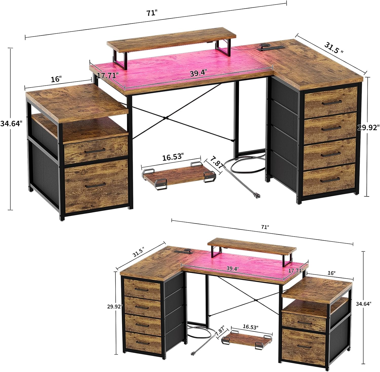 Unikito Reversible L Shaped Computer Desk with Fabric File Drawers, 70.8' Large Office Desk with RGB LED Lights & Power Outlets & Monitor Stand & CPU Stand, Sturdy Corner Gaming Desk, Rustic Brown