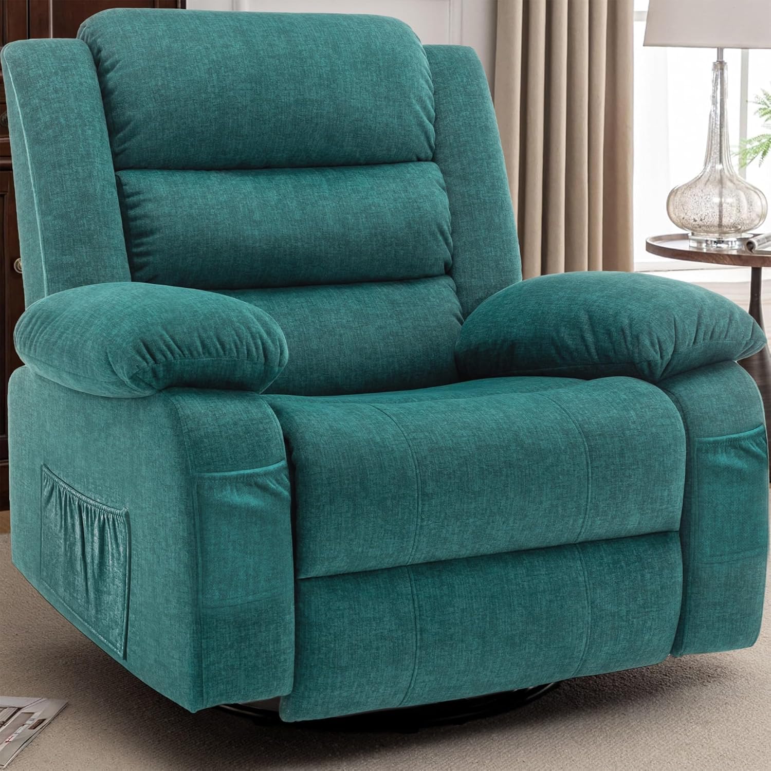 Korser Recliner Chair for Adults, Oversized 360° Swivel Rocker Recliner with Massage and Heat, Wide Nursery Glider Rocking Chair with Side Pockets, Cashmere Reclining Sofa for Living Room (Green)