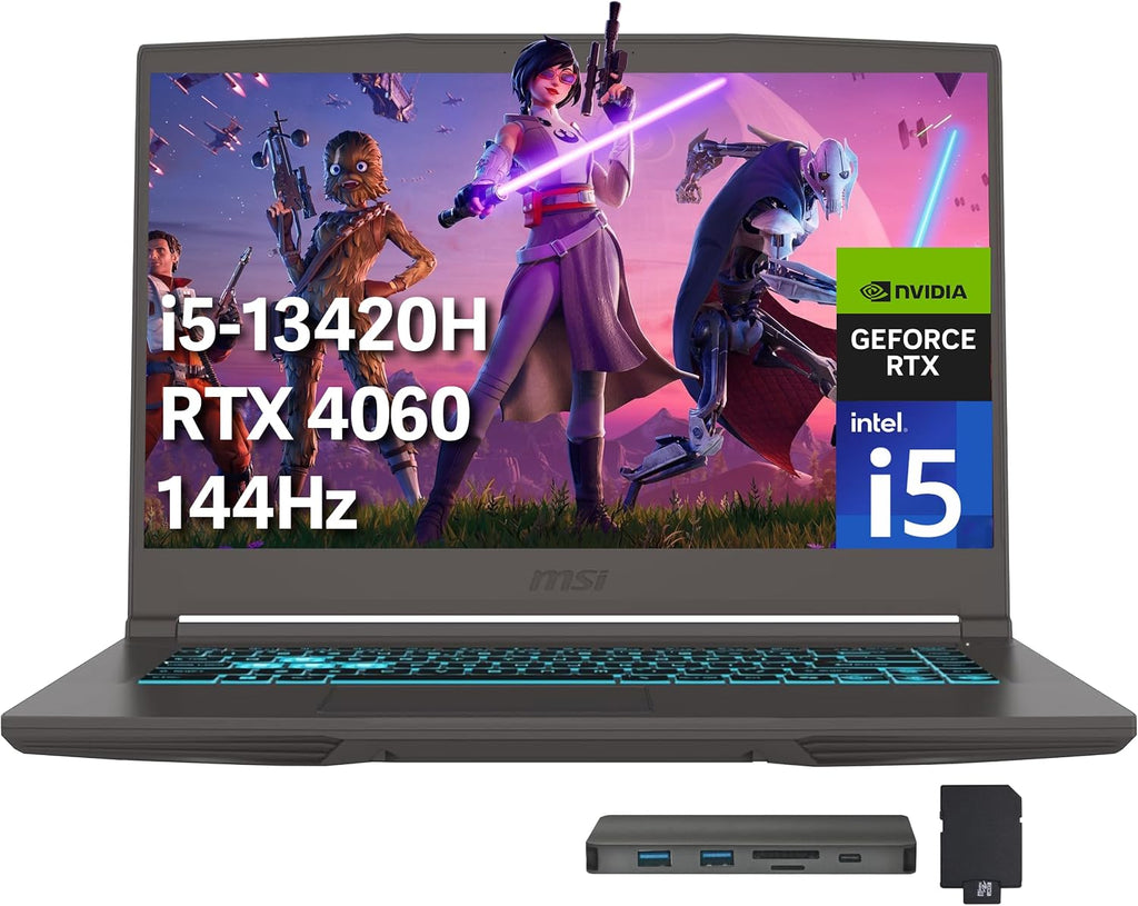 msi Thin 15 15.6' FHD 144Hz Gaming Laptop, Intel i5-13420H, 16GB RAM, 512GB PCIe SSD, NVIDIA GeForce RTX 4060, Backlit Keyboard, Wi-Fi 6E, Windows 11, Gray, 256GB Docking Station Set