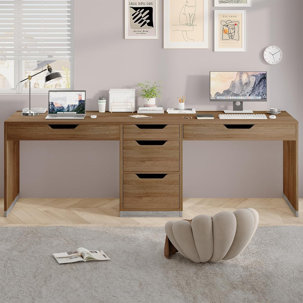MaverickFurni Two Person Desk with 5 Drawers, Double Desk with Storage for 2 People, 78 Inch Extra Long Computer Desk Workstation with File Drawer for Home Office, Brown
