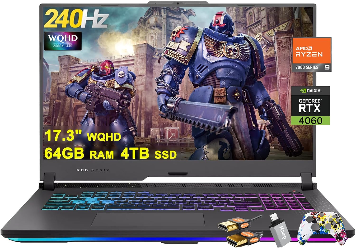 ASUS ROG Strix G17 G713 Gaming Laptop 17.3' WQHD IPS 240Hz AMD 12-Core Ryzen 9 7845HX (>i9-12900H) 64GB DDR5 4TB SSD GeForce RTX 4060 8GB USB-C RGB Backlit Fast Charging Win11 ICP Hub