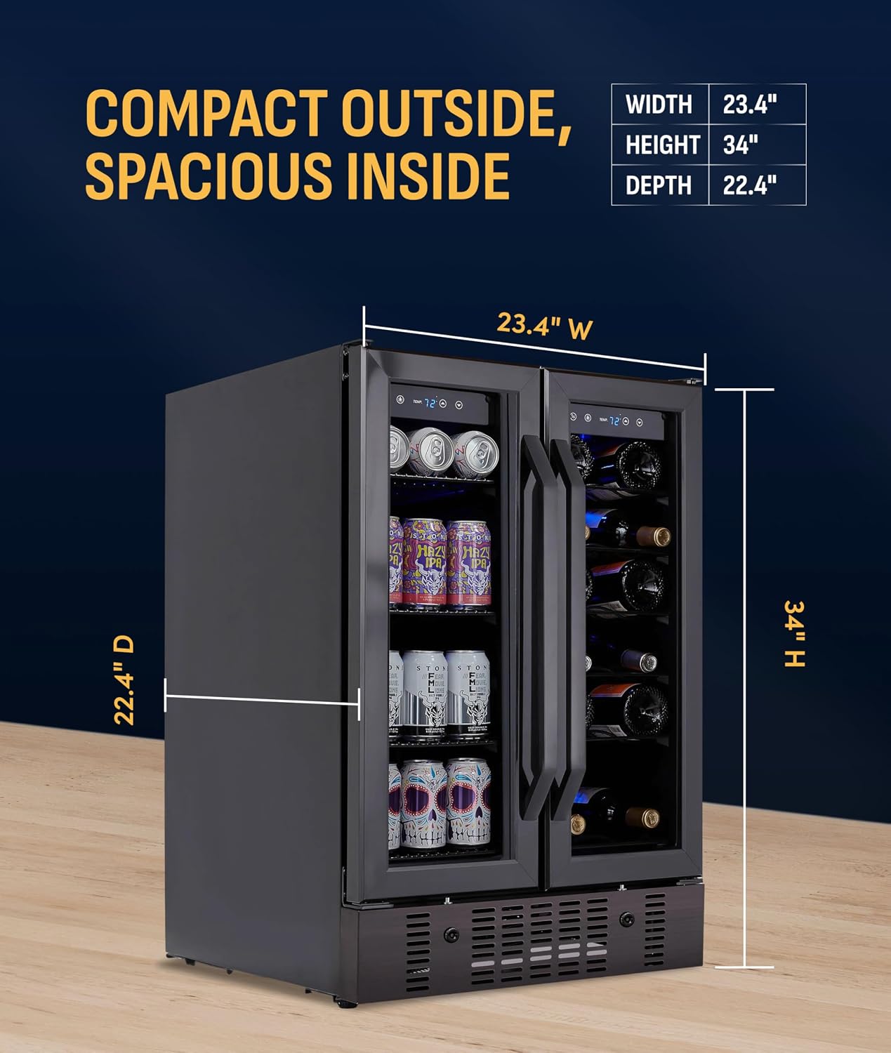 NewAir 24' Dual Zone Beverage Refrigerator & Wine Cooler for 18 Bottles & 58 Cans | Freestanding or Built-In Under Counter Mini Fridge for Beer, Wine and Soda | Black Stainless Steel
