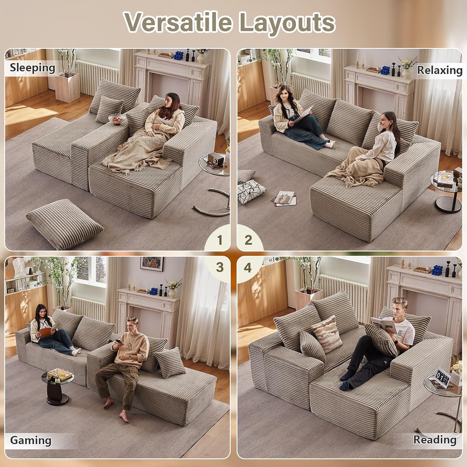 107' Cloud Sectional Couch with L-Shape Chaise, Modern Modular Comfy Sofa Chaise Longue, Upholstered Corduroy Couches Sleeper with Deep Seat for Living Room Bedroom, No Assembly Required, Camel