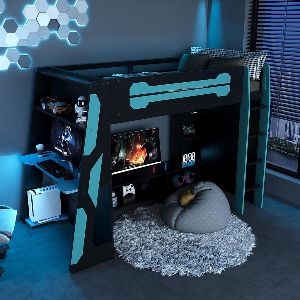 Merax Wood Loft Bed with Desk, Multi-Storage Shelves and RGB Light, Twin Size, Cloud Blue