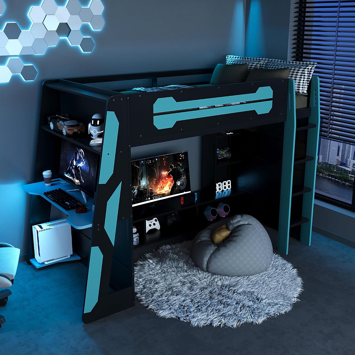 Merax Wood Loft Bed with Desk, Multi-Storage Shelves and RGB Light, Twin Size, Cloud Blue