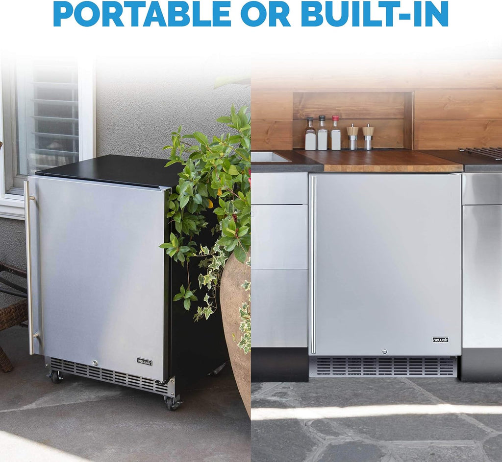 NewAir 24' Outdoor Beverage Fridge | Freestanding or Built-In Under counter Refrigerator for Outside Patio | Weatherproof Outdoor Fridge for 160 Cans with Auto-Closing Door | Stainless Steel