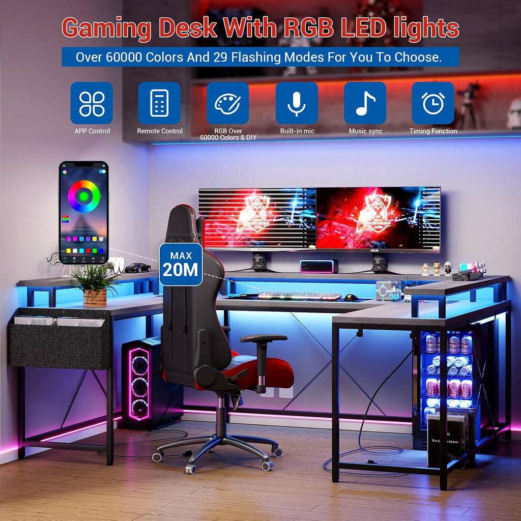 Patikuin U Shaped Desk with Power Outlets, USB Ports & RGB LED Lights, 79 Inch Large Corner Computer Desk with Monitor Stand, Reversible Gaming Desk for Home Office, Ergonomic Workstation (Oak)