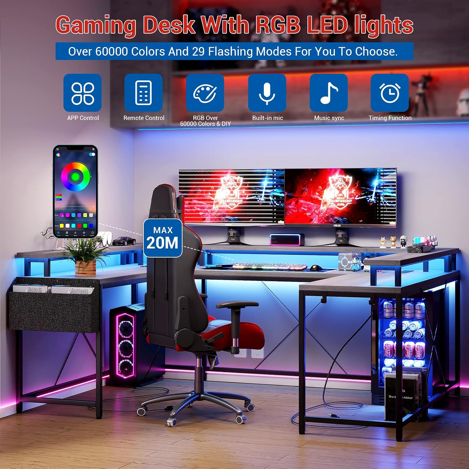 Patikuin U Shaped Desk with Power Outlets, USB Ports & RGB LED Lights, 79 Inch Large Corner Computer Desk with Monitor Stand, Reversible Gaming Desk for Home Office, Ergonomic Workstation (Oak)