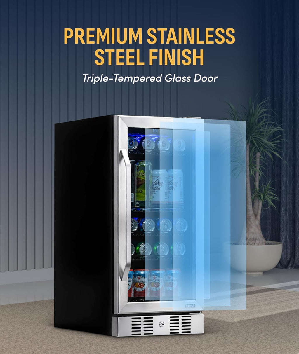 NewAir 96 Can Built-In Beverage Refrigerator | 15' Small Mini Fridge for Bedroom, Home Bar or Office | Quiet Cooling & Precise Temperature Control | Stainless Steel