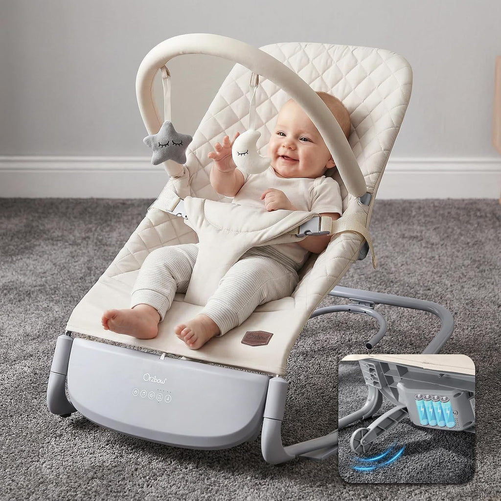 Orzbow Electric Baby Bouncer & Rocker with Innovative Auto Rocking Motion, Adaptable 3-Speed, Smart Tap Sensing, Soothing Sounds, and 3 Recline Positions, 2-in-1 Automatic Baby Rocker Chair, Beige