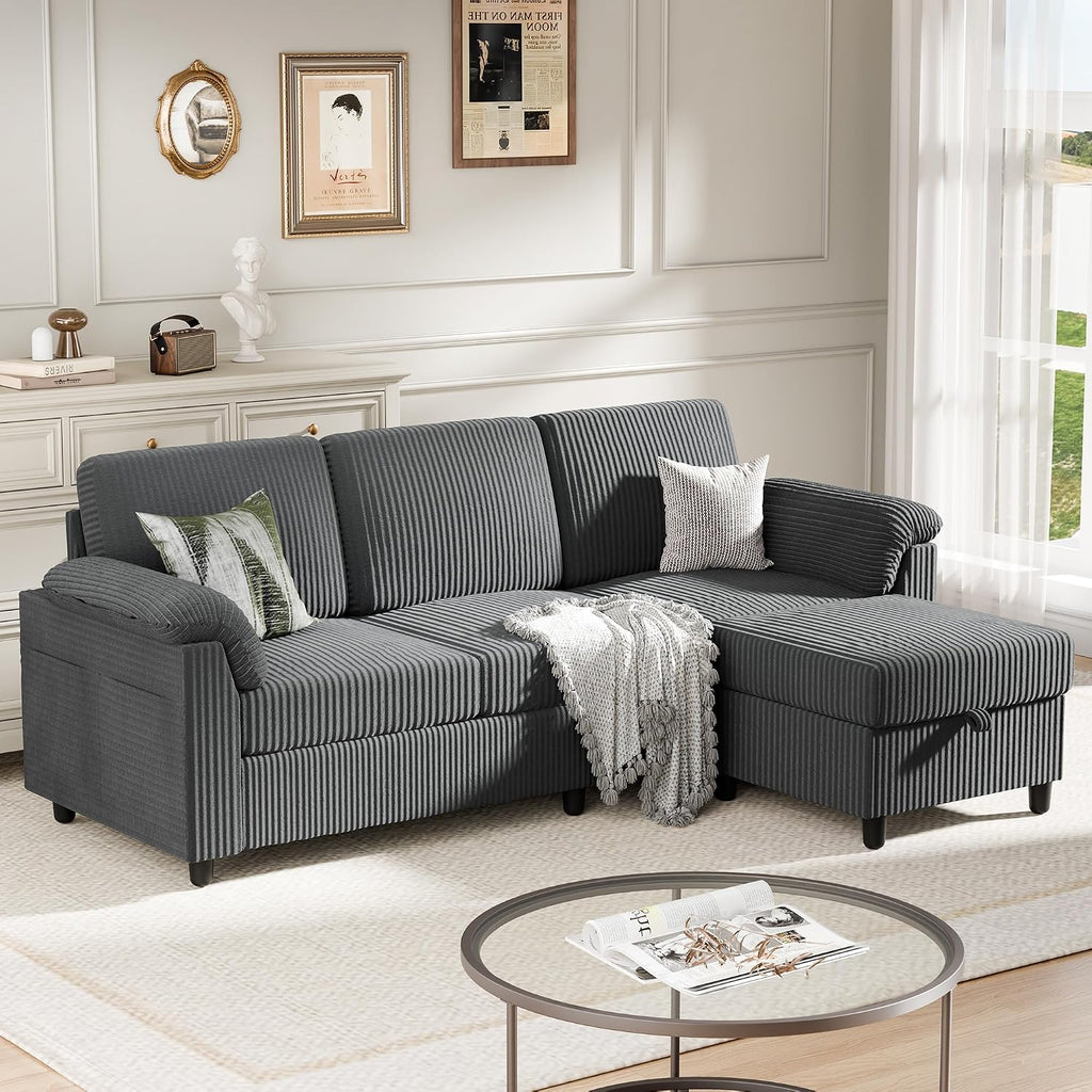 Sectional Couches for Living Room, L Shaped Couch with Side Storage Pockage, Comfortable 3 Seat Sofa Couches for Apartment, Grey