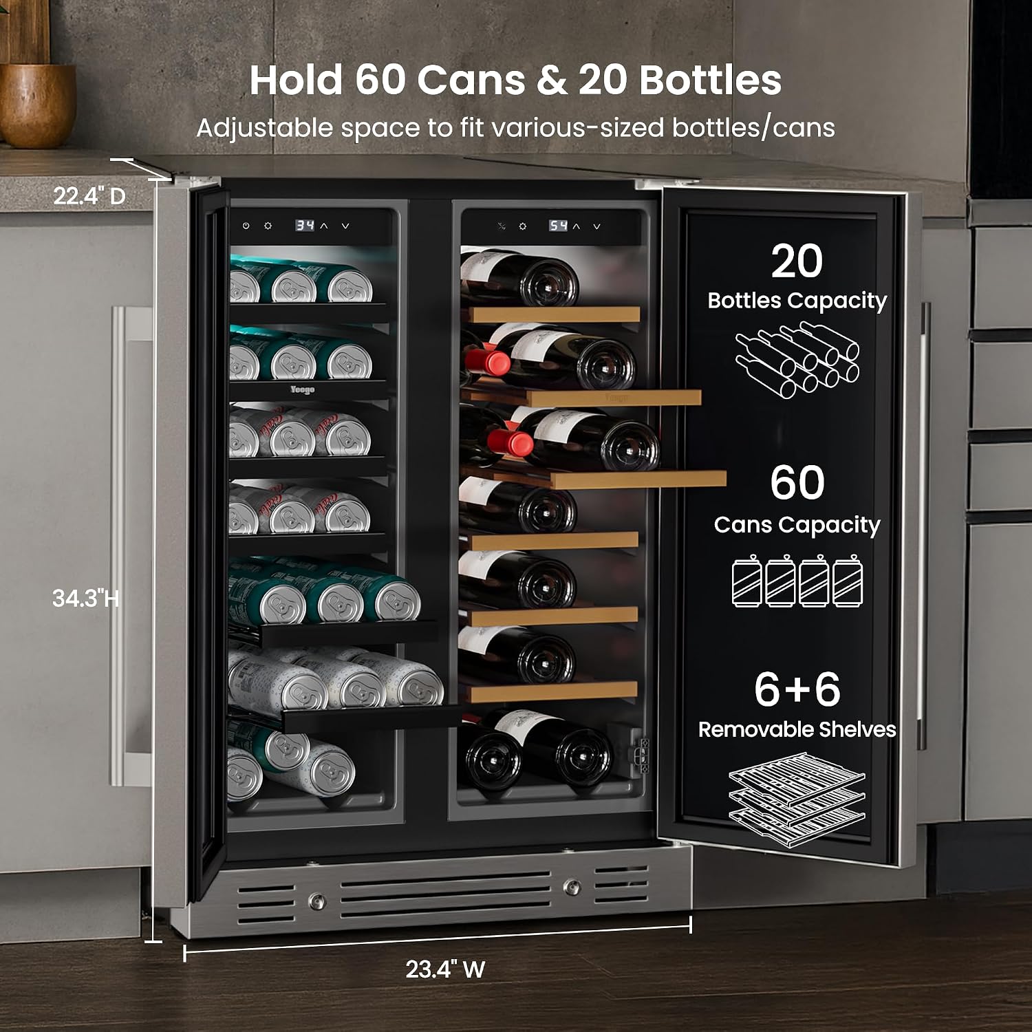 Yeego 24 Inch Wine & Beverage Cooler, Dual Zone 34–65°F, Holds 20 Wine Bottles & 60 Cans, Stainless Steel Door with Lock, Built-In or Under Counter Refrigerator for Indoor & Covered Outdoor Use