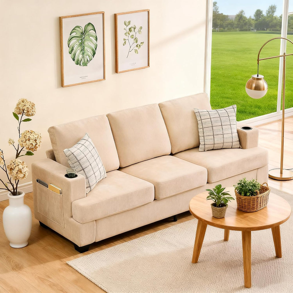 GarveeHome Modern 89 in 3-Seater Sofa for Living Room, Comfy Couches with Deep Seat, Chenille Couch with Cup Holders and Side Storage Pockets for Apartment Lounge, Beige