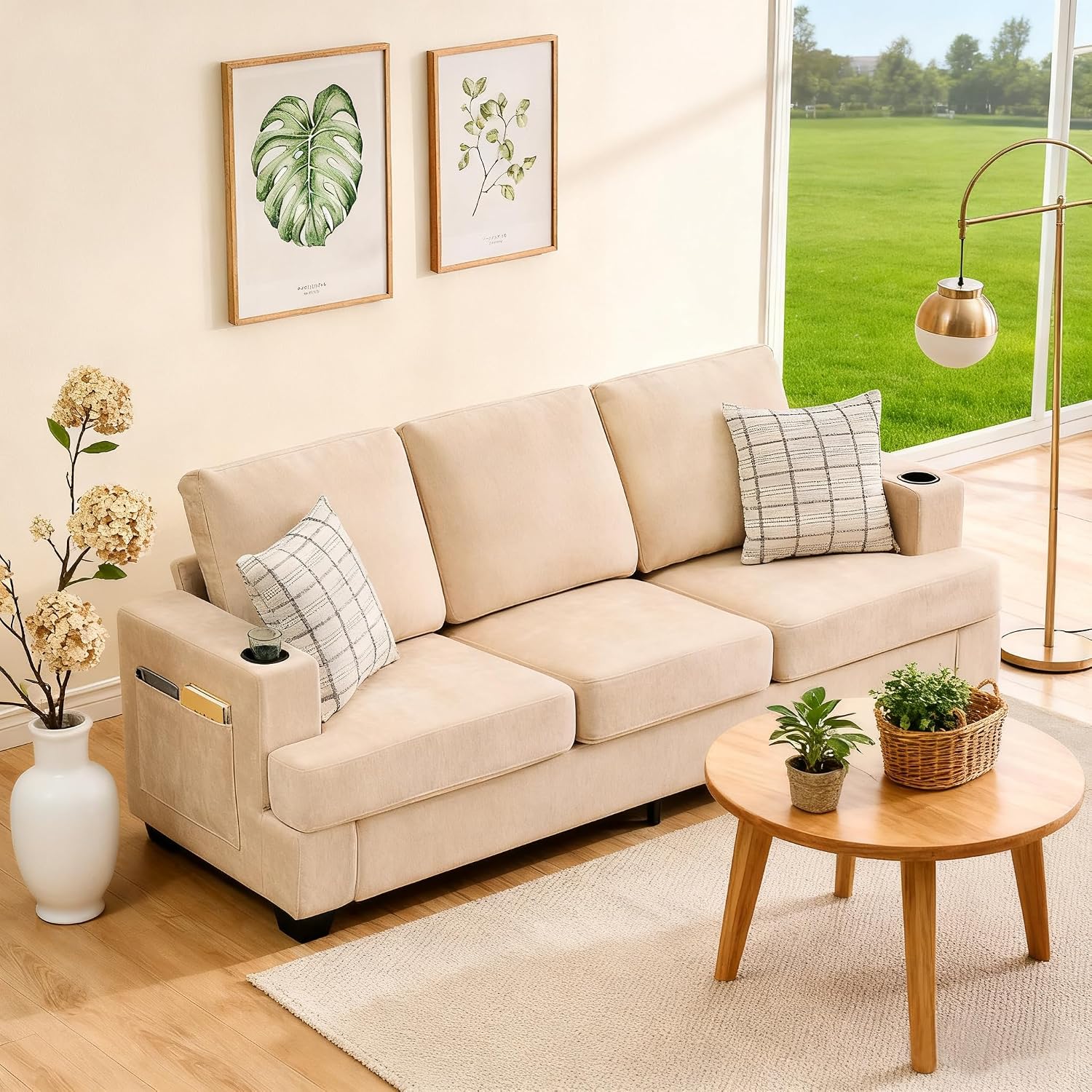 GarveeHome Modern 89 in 3-Seater Sofa for Living Room, Comfy Couches with Deep Seat, Chenille Couch with Cup Holders and Side Storage Pockets for Apartment Lounge, Beige