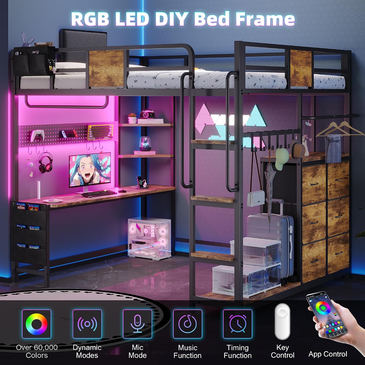Dnxao Full Size Loft Bed with Desk, Heavy Duty Metal Bed Frame for Teens Adults, 6 Storage Drawers, Power Outlet with Type-C, LED Lights, Integrated Study Workstation for Small Room, Rustic Brown