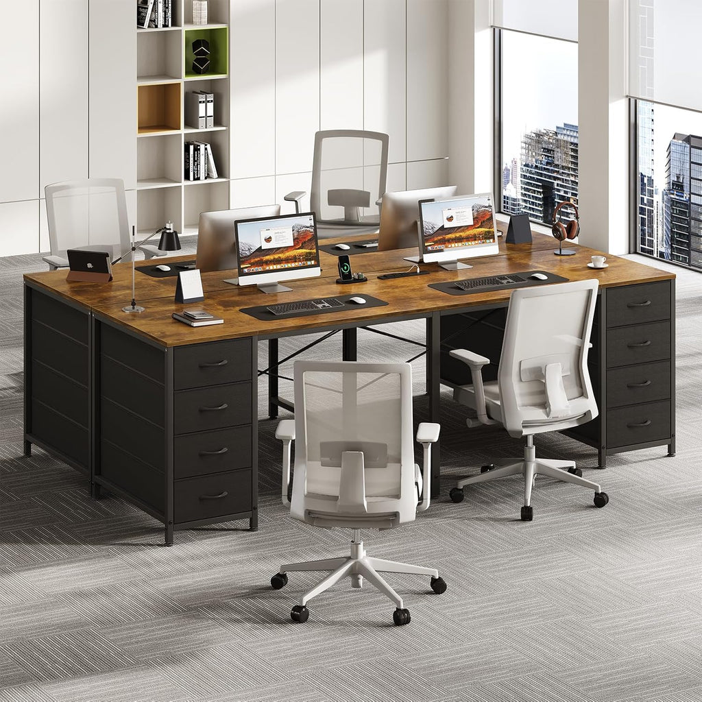 TVU 2 Person Desk with 8 Drawers, Large Home Office Computer Desk with Power Outlets, 78 Inch Long Double Desks for Two People, Rustic Brown