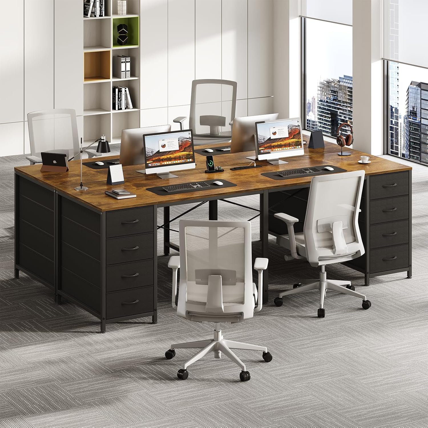 TVU 2 Person Desk with 8 Drawers, Large Home Office Computer Desk with Power Outlets, 78 Inch Long Double Desks for Two People, Rustic Brown