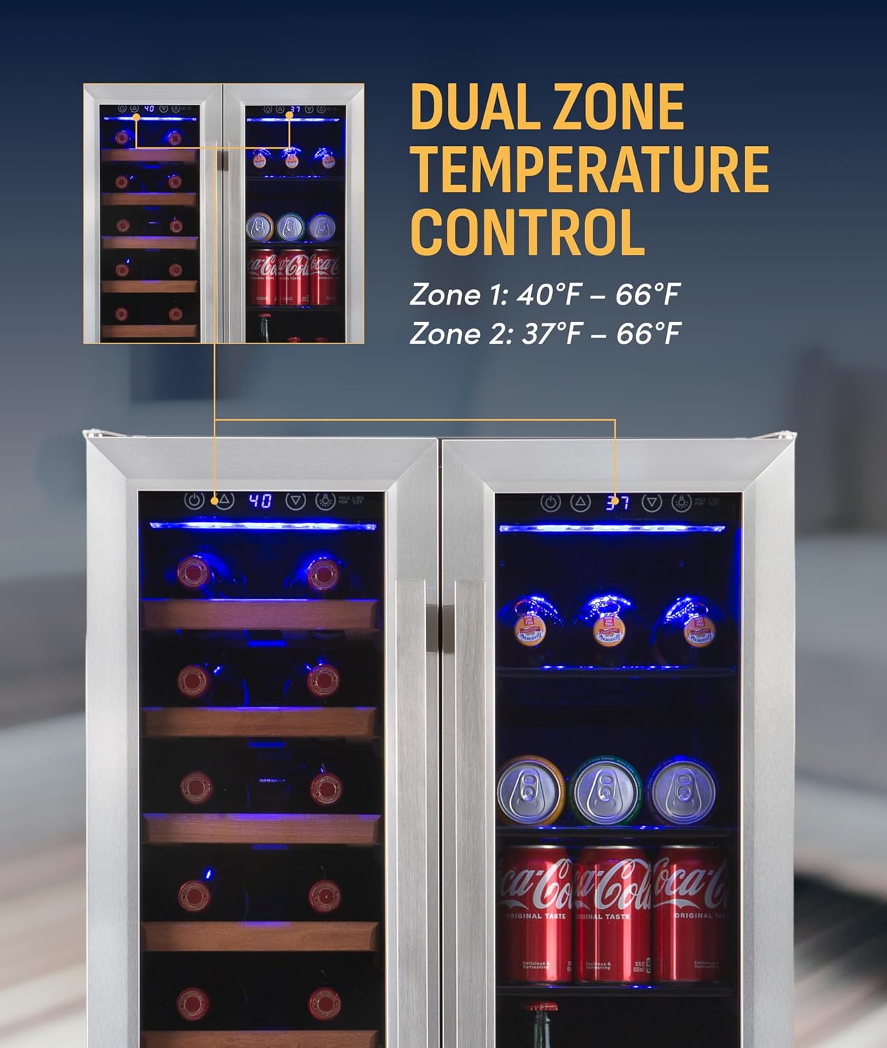 NewAir 24' Dual Zone Beverage Refrigerator & Wine Cooler for 20 Bottles & 78 Cans | Freestanding or Built-In Under Counter Mini Fridge for Beer, Wine and Soda | Stainless Steel