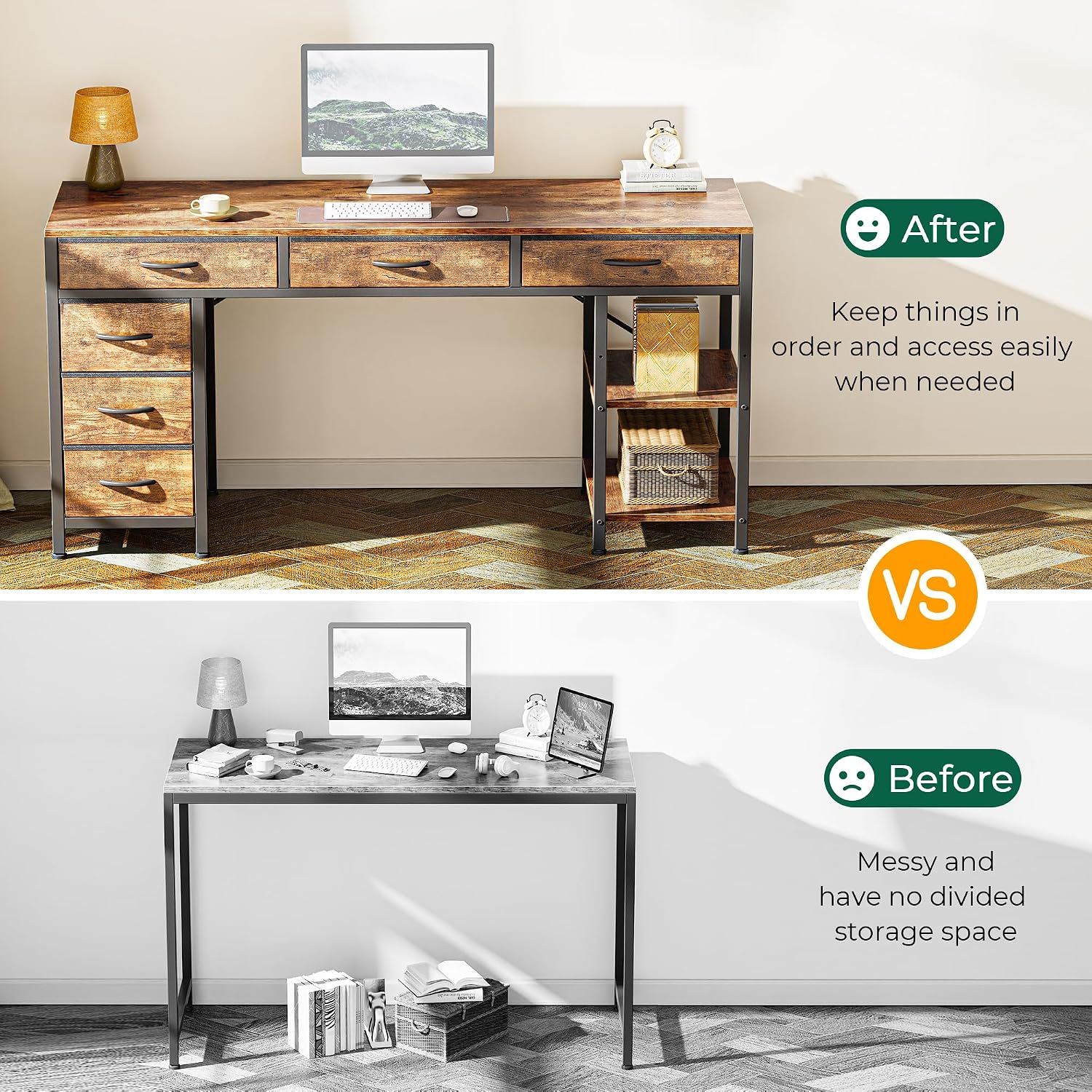 Huuger Computer Desk with 6 Drawers, Office Desk with Shelves, Reversible Gaming Desk, Corner Desk with Storage, Work for Home Office, Study, Living Room, 54inch, Rustic Brown