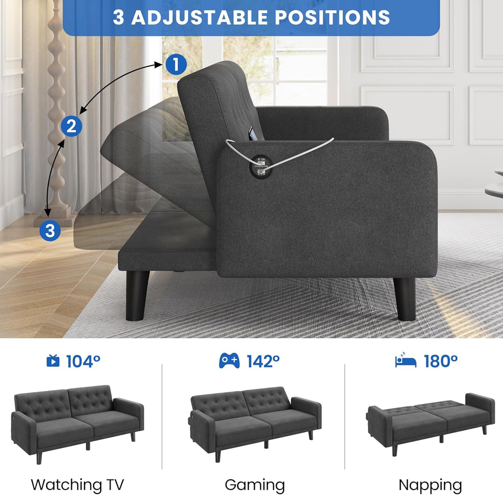 Yaheetech 63' Convertible Couch Small Futon Sofa Bed with 2 USB Ports, Reclining Backrest & Removable Armrests, Mid Century Modern Loveseat for Living Room, Apartment, Office, Dark Gray