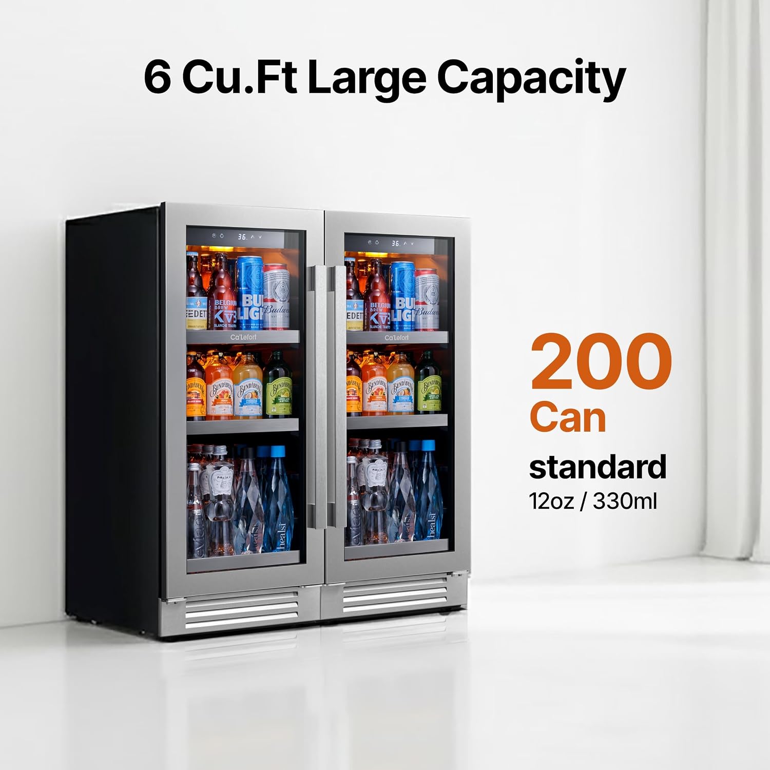 Ca'Lefort Beverage Refrigerator 30 Inch, 200 Cans Mini Fridge with Double Glass Door, Built-in or Freestanding Drink Cooler with Amber LED Light, Beverage Fridge for Kitchen Bar Office(6.0 Cu.ft)
