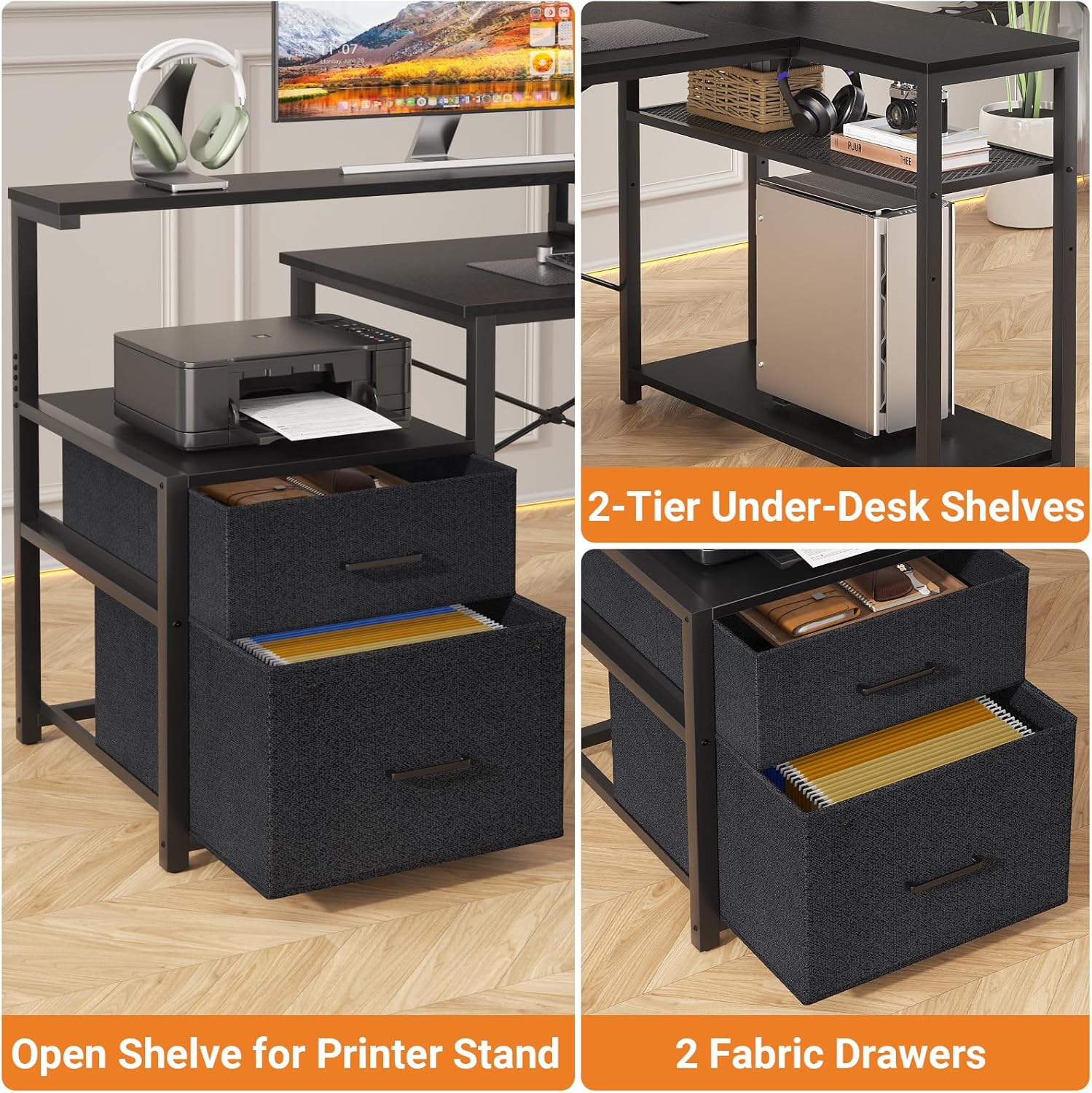 Aheaplus L Shaped Desk with File Drawer, Reversible L Shaped Computer Desk Gaming Desk with Power Outlet & LED Strip, Home Office Desk with Monitor Shelf, Corner Desk with Storage Shelves, Black