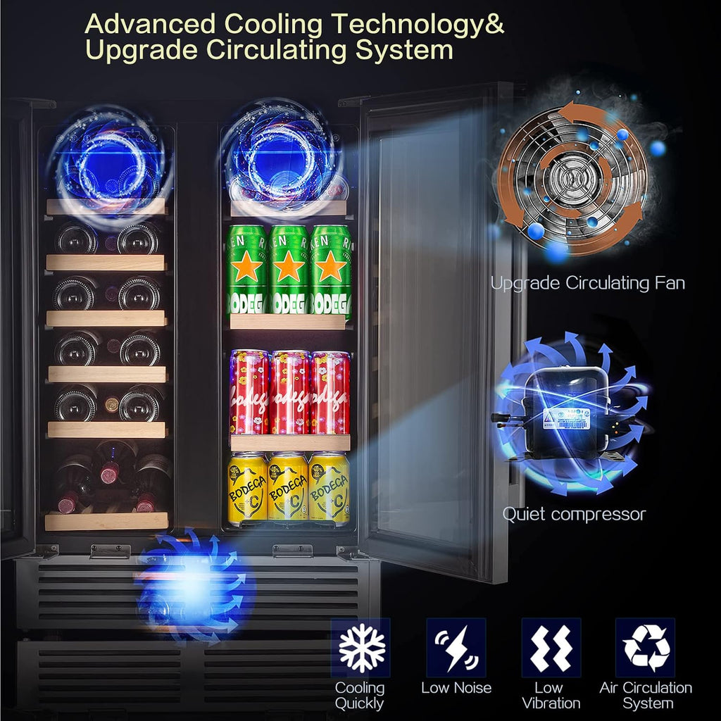 BODEGA 24 Inch Wine and Beverage Refrigerator, 2 Door Commercial Back Bar Cooler, Dual Zone Wine Cooler with Smart APP Control, Black Bar Fridge Hold 19 Bottles and 57 Cans, Built-In or Freestanding.