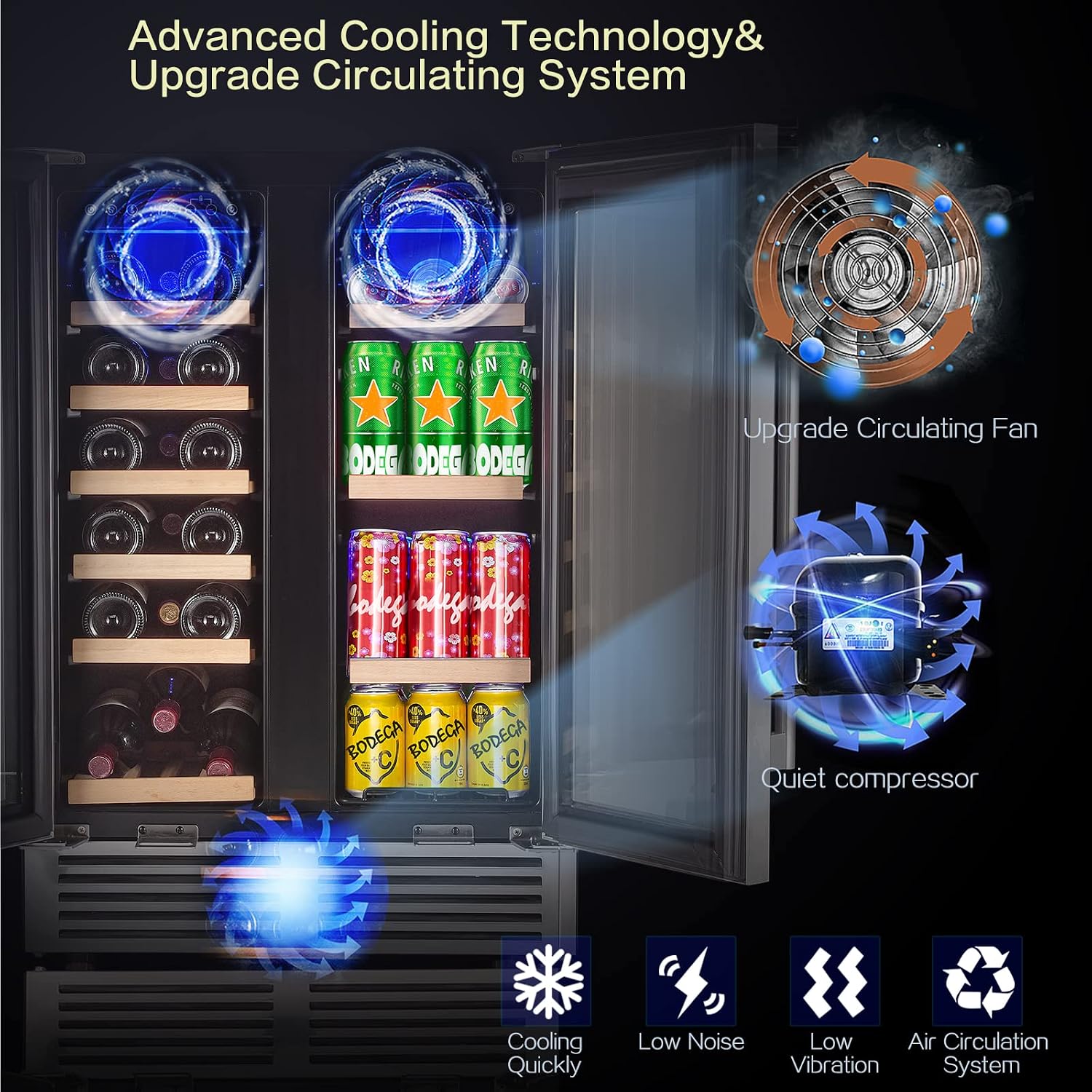 BODEGA 24 Inch Wine and Beverage Refrigerator, 2 Door Commercial Back Bar Cooler, Dual Zone Wine Cooler with Smart APP Control, Black Bar Fridge Hold 19 Bottles and 57 Cans, Built-In or Freestanding.