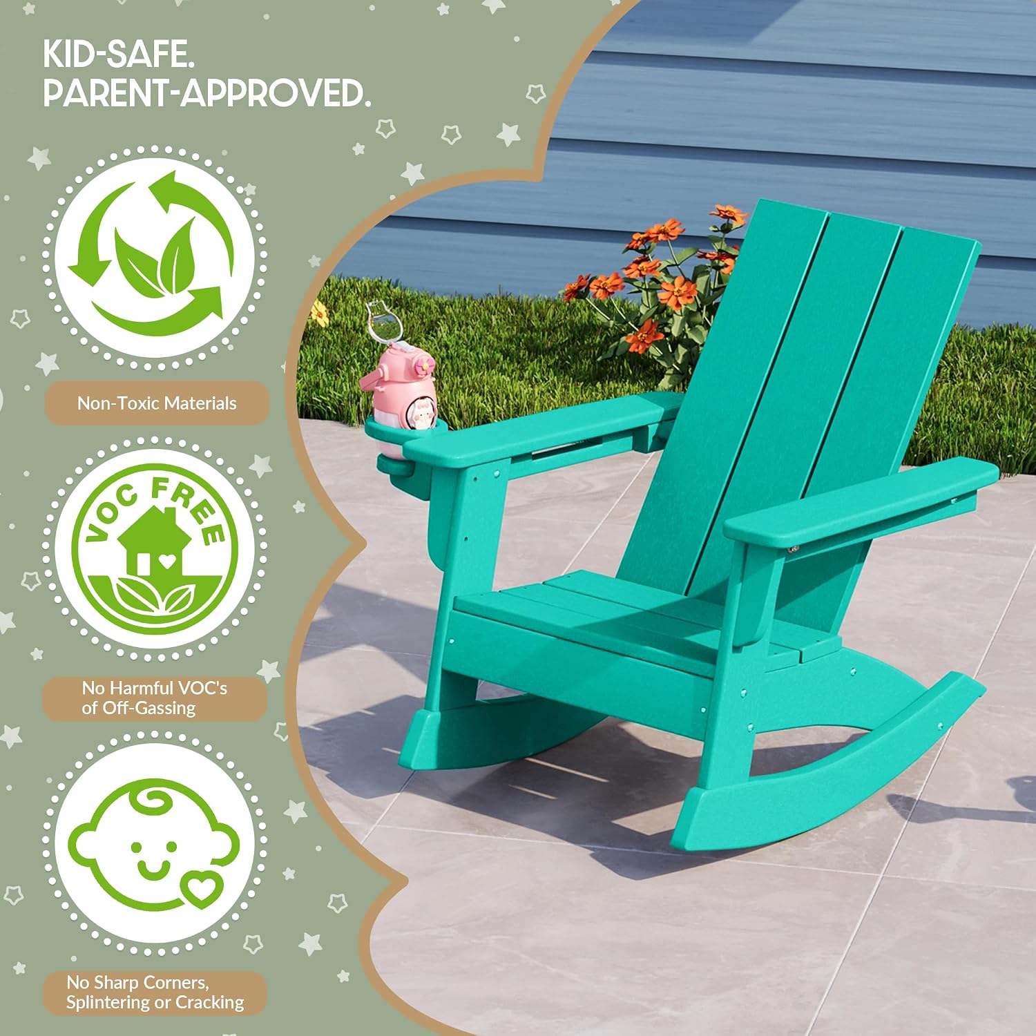 WestinTrends Ashore Outdoor HDPE Plastic Preschool Toddler Modern Adirondack Rocking Chairs (Set of 2), Turquoise