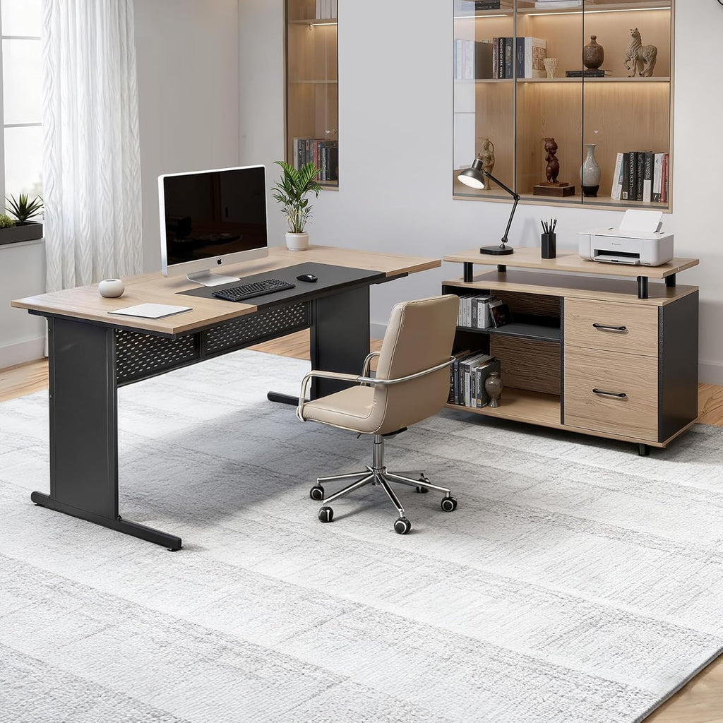 VEVOR 63' L-Shaped Executive Desk, Large Office Desk with Drawers, File Storage Cabinet, Detachable 350 LBS Load Capacity Corner Table, Easy Assembly, Business Furniture Workstation for Home Office