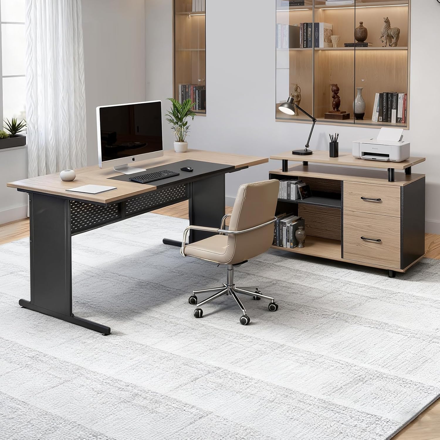 VEVOR 63' L-Shaped Executive Desk, Large Office Desk with Drawers, File Storage Cabinet, Detachable 350 LBS Load Capacity Corner Table, Easy Assembly, Business Furniture Workstation for Home Office