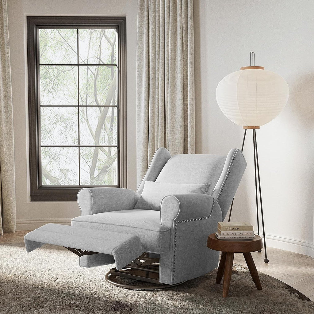 FansaFurn Swivel Nursery Glider Recliner, Comfy Upholstered Glider Chair with Lumbar Pillow and Footrest, Swivel Rocking Chair for Living Room, Grey