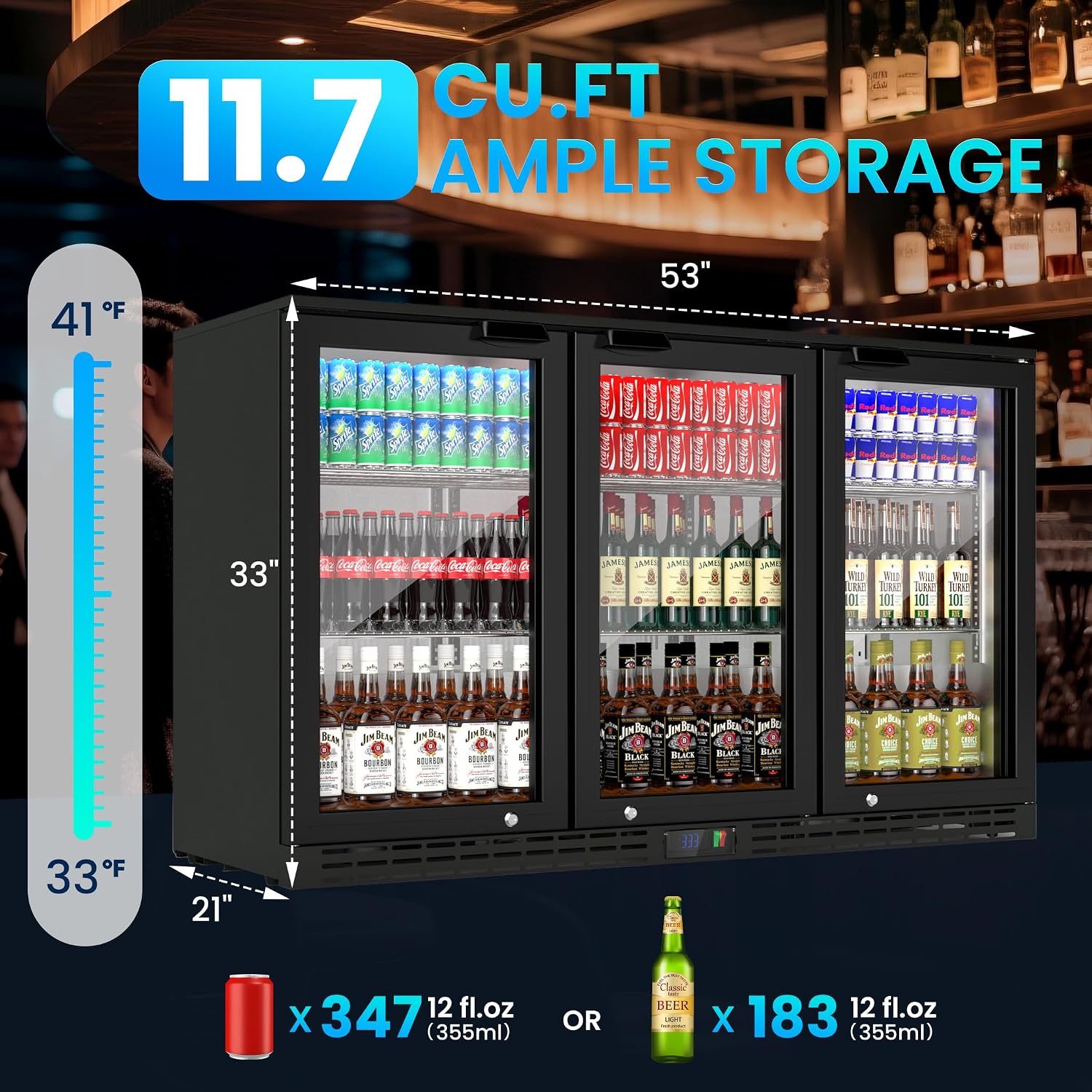 Coolake 53' Back Bar Cooler with 3 Glass Doors, 11.7 cu.ft Commercial Under Counter Height Beverage Refrigerator, Stainless Steel Beer Fridge with LED Lighting for Soda Drinks, Beer, Wine