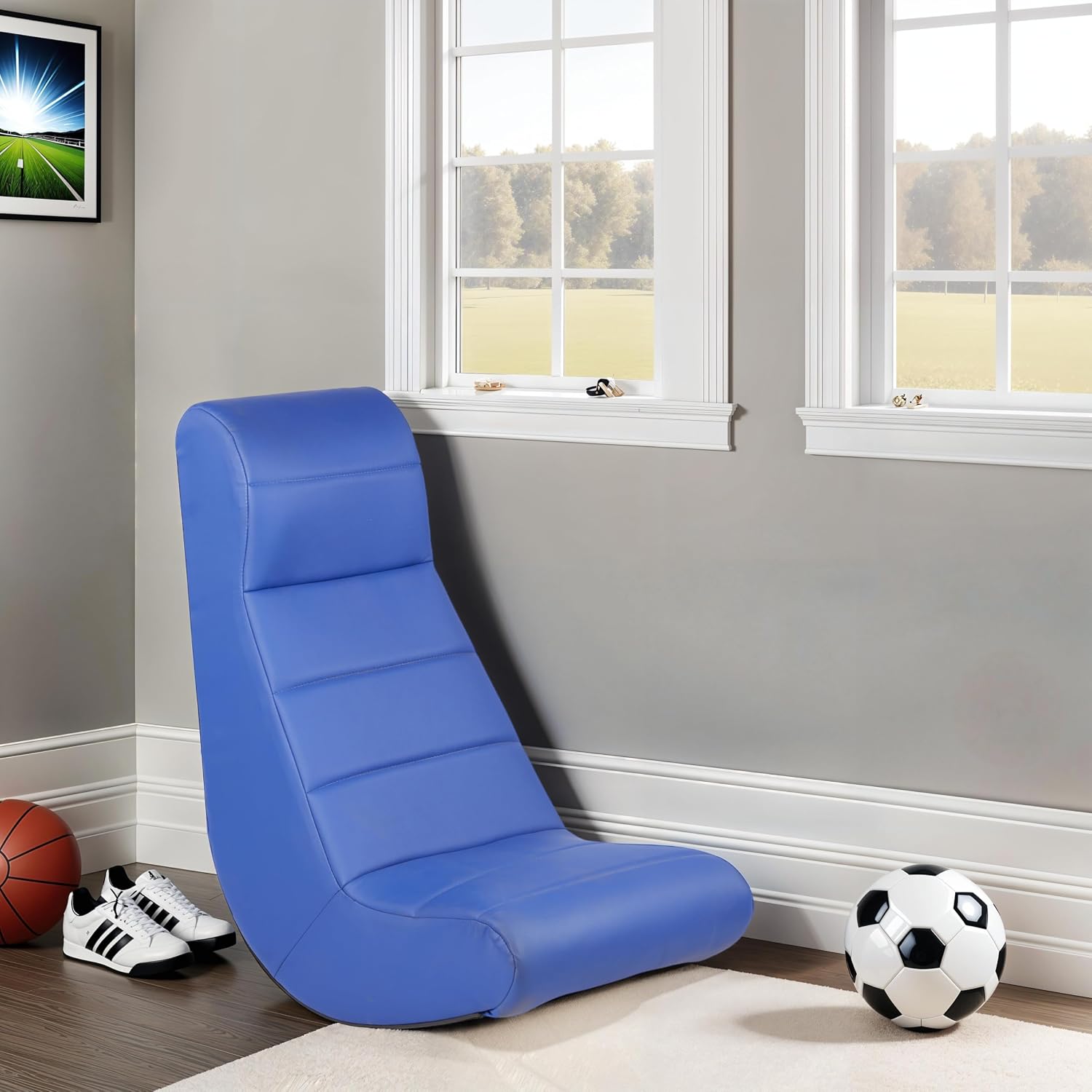 Factory Direct Partners Soft Ergonomic Horizontal Soft Floor Video Rocker - Cushioned Ground Chair Great for Reading, Gaming or Watching TV for Kids, Teens and Adults - Blue, 10489-BL