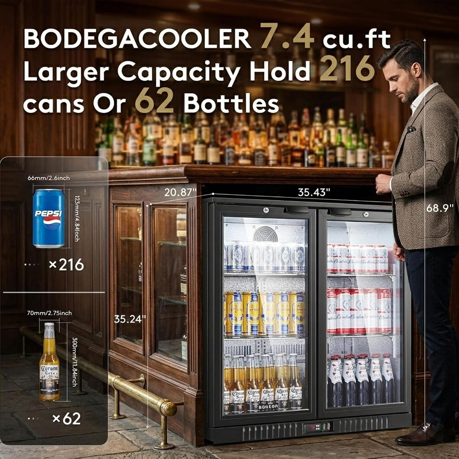 BODEGACOOLER 35.4 Inch Under Counter Beverage Refrigerator, 2 Door Back Bar Cooler, Dual Zone 32–50°F, 7.4 Cu.Ft Built-in or Freestanding Glass Door Fridge with LED Lighting, Holds 216 Cans/62 Bottles