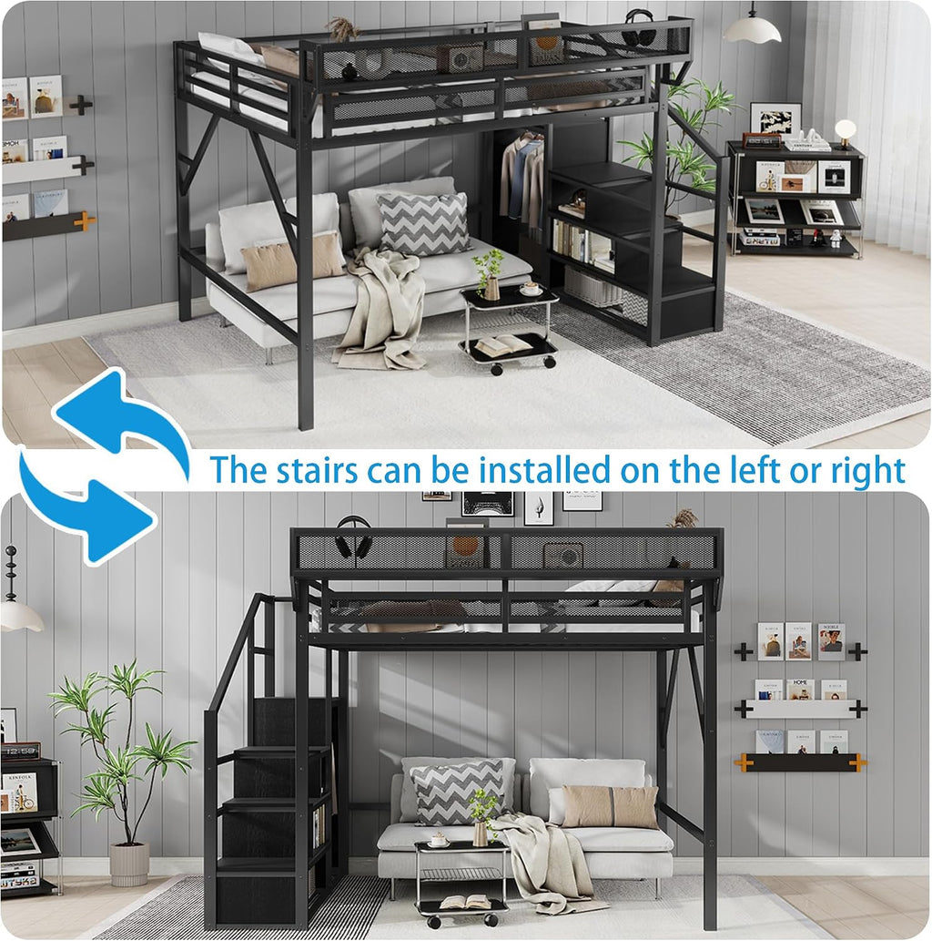 Queen Size Loft Bed Frame for Adults,Metal Queen Lofts Bed with Stairs & Storage Shelf, Heavy Duty High LoftBed with Wardrobe for Teens,Girls Boys, Black +Black Stair