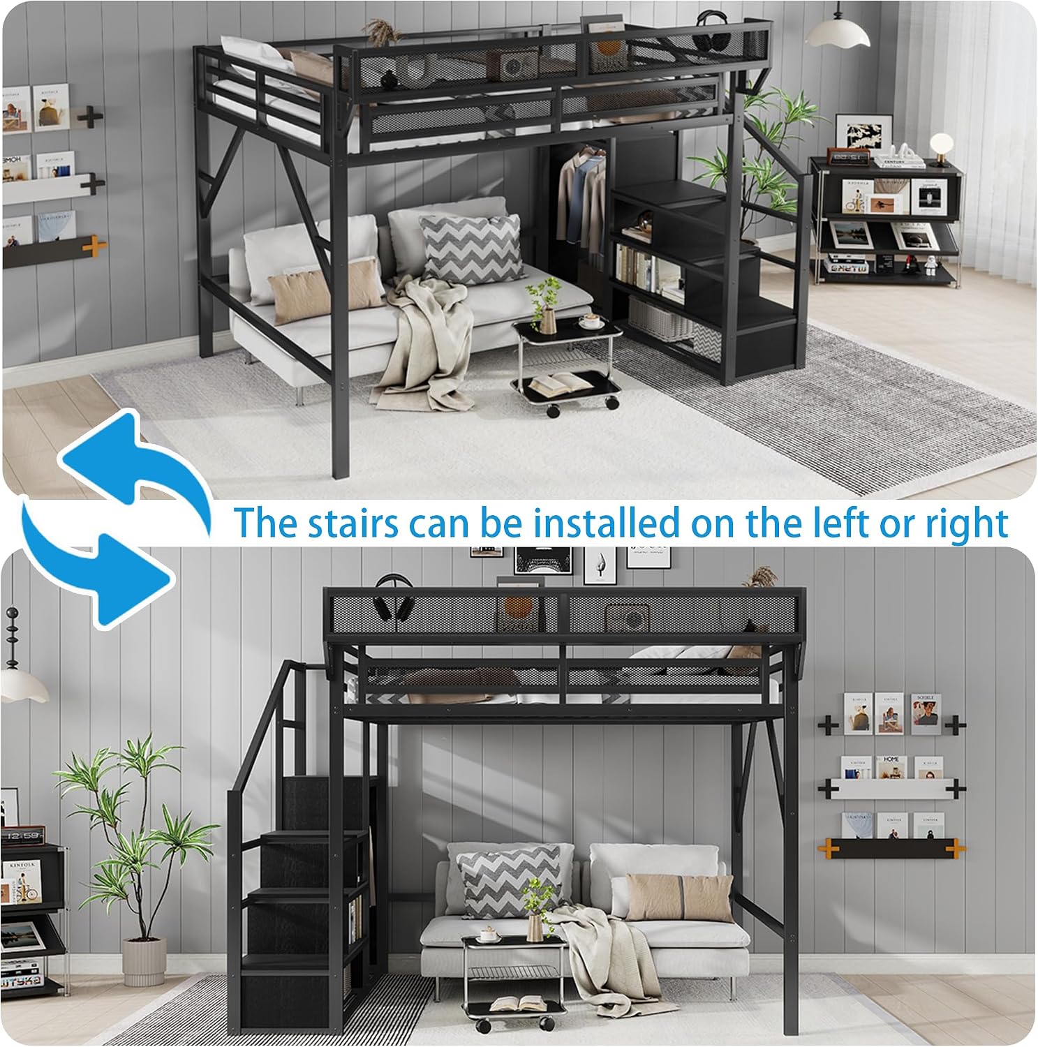 Queen Size Loft Bed Frame for Adults,Metal Queen Lofts Bed with Stairs & Storage Shelf, Heavy Duty High LoftBed with Wardrobe for Teens,Girls Boys, Black +Black Stair