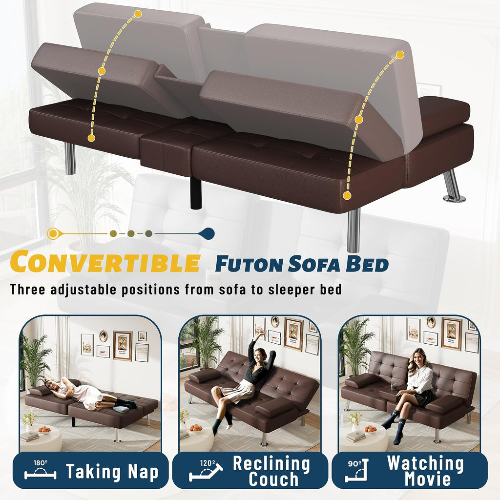 Furmax Futon Sofa Bed Adjustable Futon Couch Sleeper Sofa Bed for Living Room, Business Office, Recliner Sofas with Cup Holders (PU Leather, Brown)