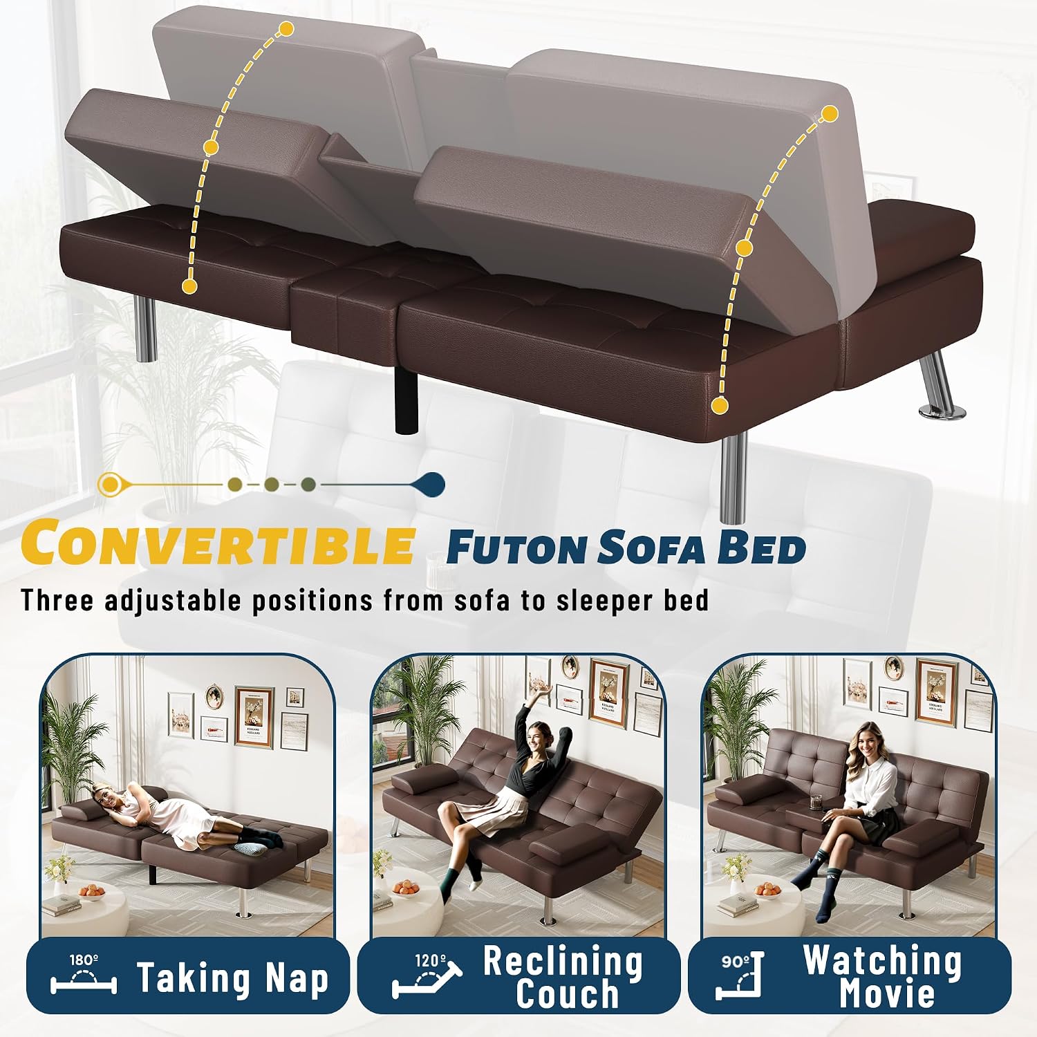 Furmax Futon Sofa Bed Adjustable Futon Couch Sleeper Sofa Bed for Living Room, Business Office, Recliner Sofas with Cup Holders (PU Leather, Brown)