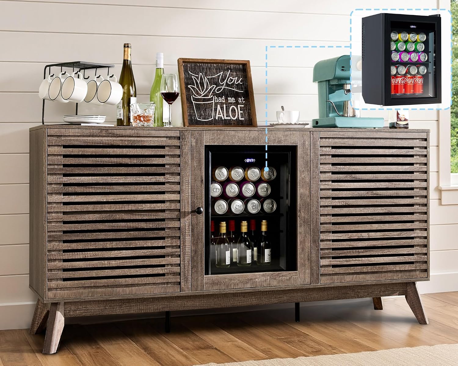 LUXOAK 60' Farmhouse Wine Bar Cabinet with Beverage Fridge (Included), Coffee Bar Cabinet with Drawer Storage, Sideboard Cabinet, Mini Fridge Cabinet for Dining Room, Living Room - Grey