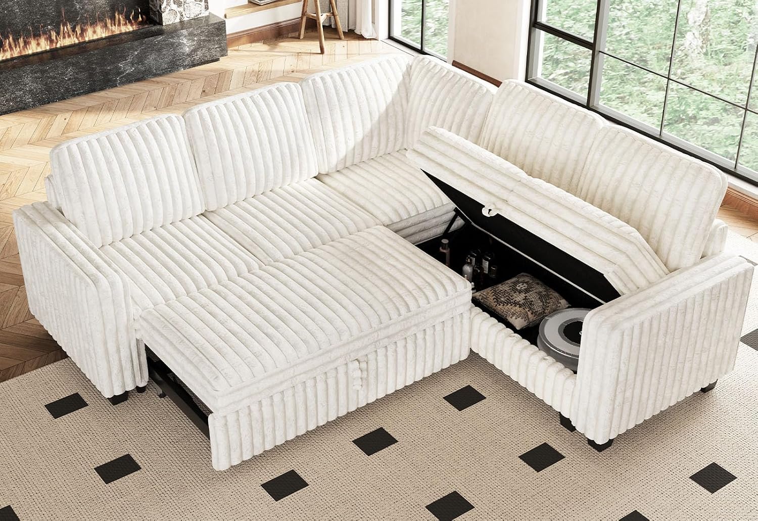 Belffin Plush Corduroy Modular Sectional Sofa with Pull Out Bed Convertible Small Sectional Corner Couch for Living Room Beige Couch