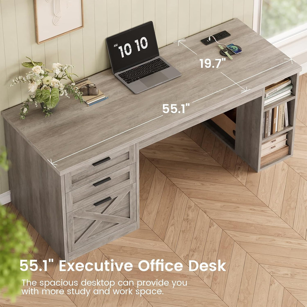 SEDETA 55.1' Executive Computer Desk with 3 Drawers, Farmhouse Office Desk with File Drawer & Storage Shelves, Executive Desk with Power Outlet for Home Office, Grey