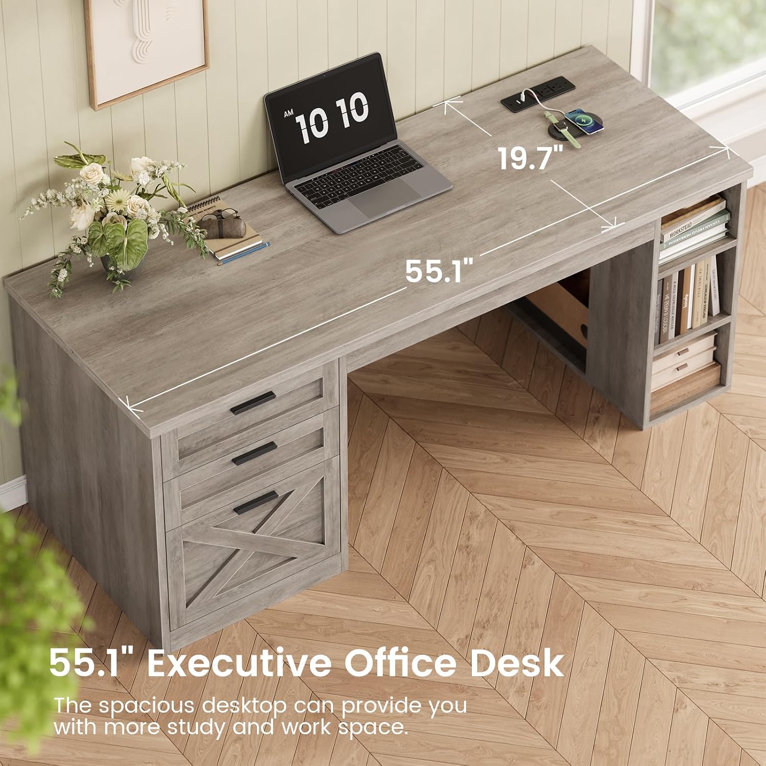 SEDETA 55.1' Executive Computer Desk with 3 Drawers, Farmhouse Office Desk with File Drawer & Storage Shelves, Executive Desk with Power Outlet for Home Office, Grey