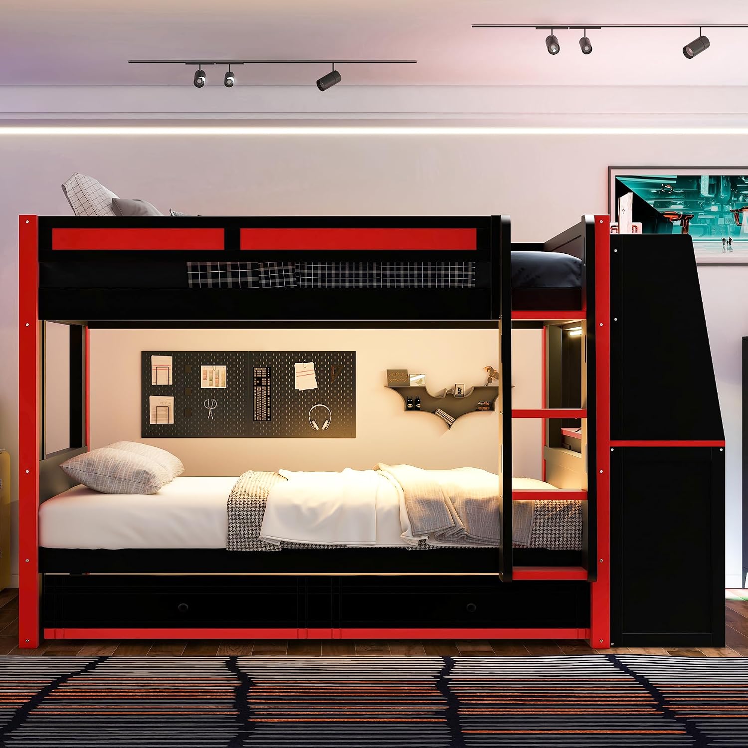 Full Size Multifunctional Bunk Bed with LED Light, Desk and Bookshelves, Drawers, Space-Saving Wooden Bunk Bed for Kids & Teens