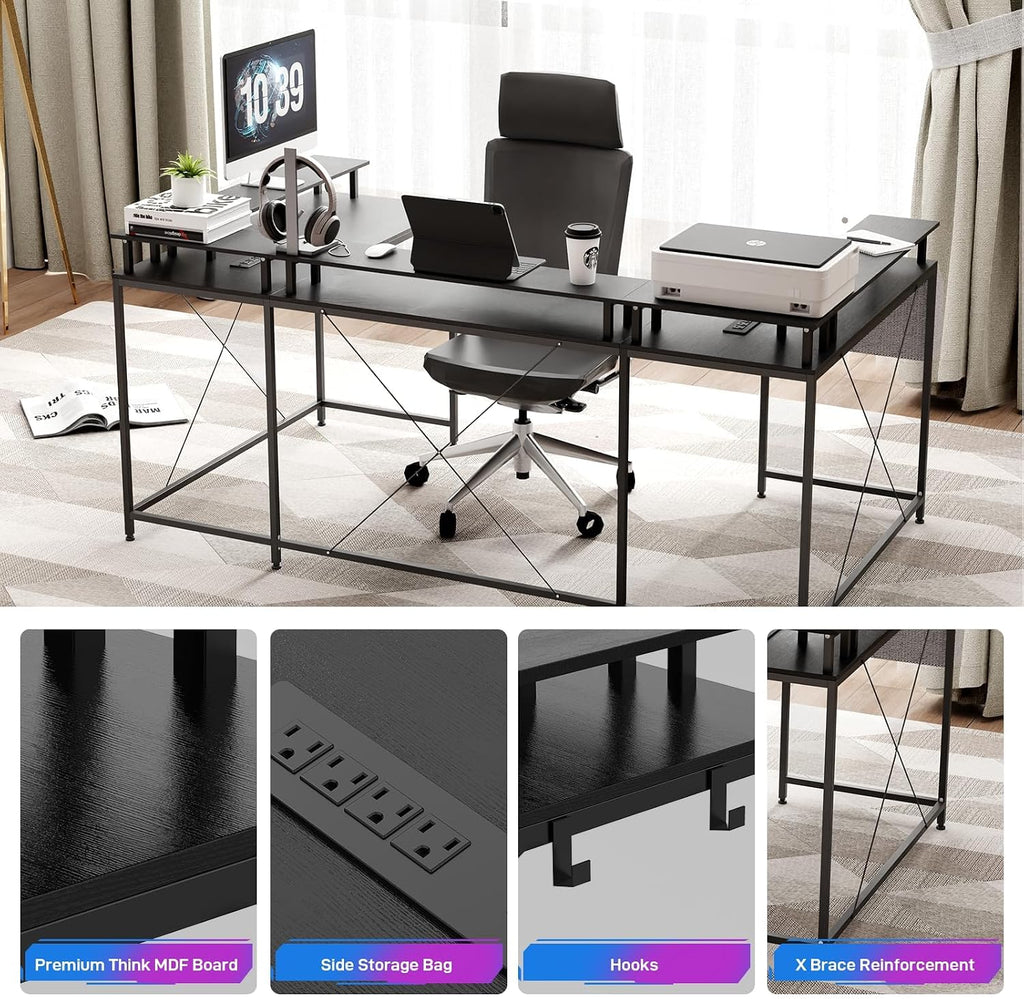 78' U-Shaped Gaming Desk - Reversible L-Shaped Computer Desk with Power Outlets, USB Ports & LED Strip, Corner Office Desk with Storage Shelves & Monitor Stand - Black.