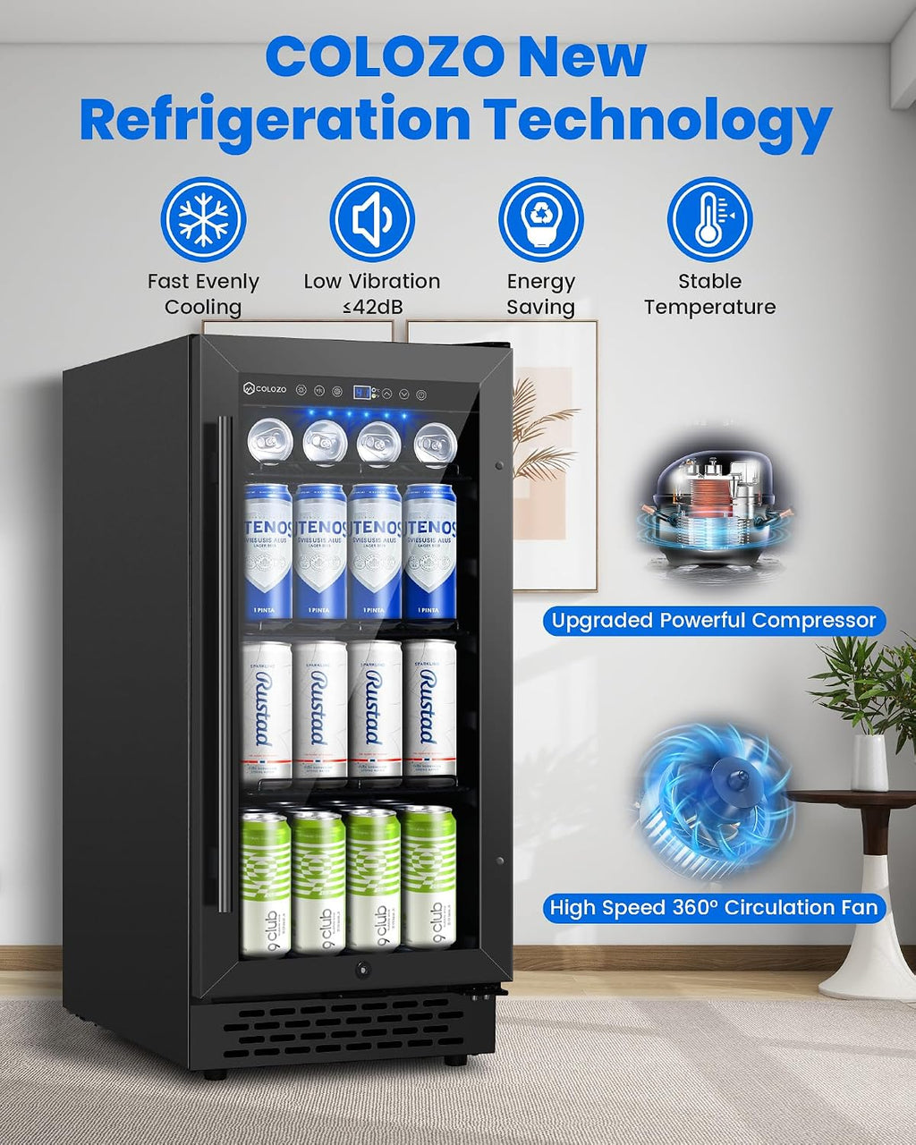 15 Inch Black Beverage Refrigerator Under Counter, 130 Cans Built-in/Freestanding Beverage Cooler, Mini Bar Fridge with Double Tempered Glass Door&Lock, Beverage Fridge for Drink Beer Soda Wine