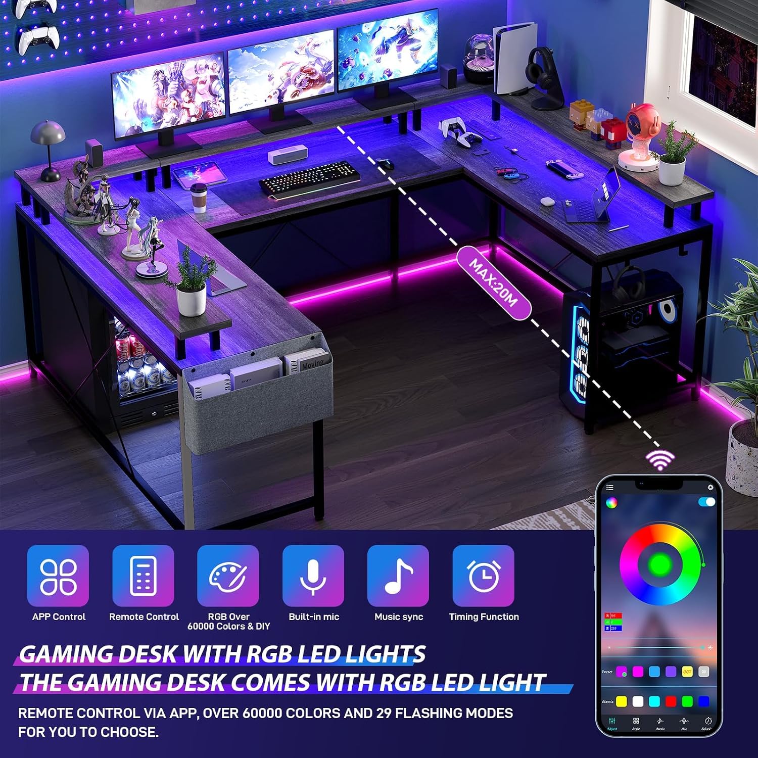 126' U Shaped Gaming Desk, Power Outlets & USB Ports, Reversible Corner Computer Desk with Monitor Stand, RGB LED Lights, Storage Shelves & Bag, Gaming Desk for Home Office, Tiger Stripes, Grey Oak
