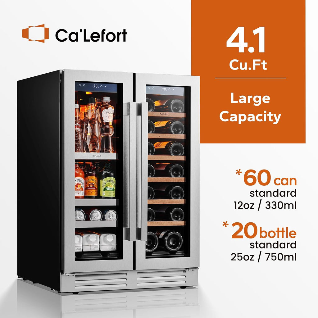 Ca'Lefort 24 Inch Panel Ready Wine and Beverage Refrigerator - 60 Can and 20 Bottle Wine Fridge Dual Zone 36-72°F Built in Cooler, 4.10 cu.ft Refrigerator Perfect for Home/Kitchen(Panels Not Included)